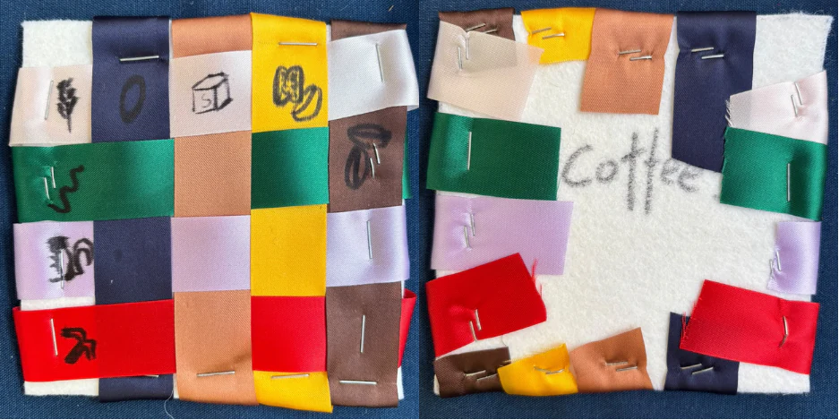 A woven ribbon diagram for coffee, with ‘Coffee’ written on the felt backing