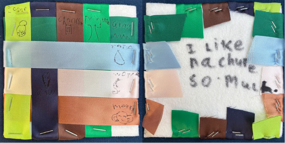 A woven ribbon diagram for ice cream in a tub, with ‘I like nachure so much’ written on the back